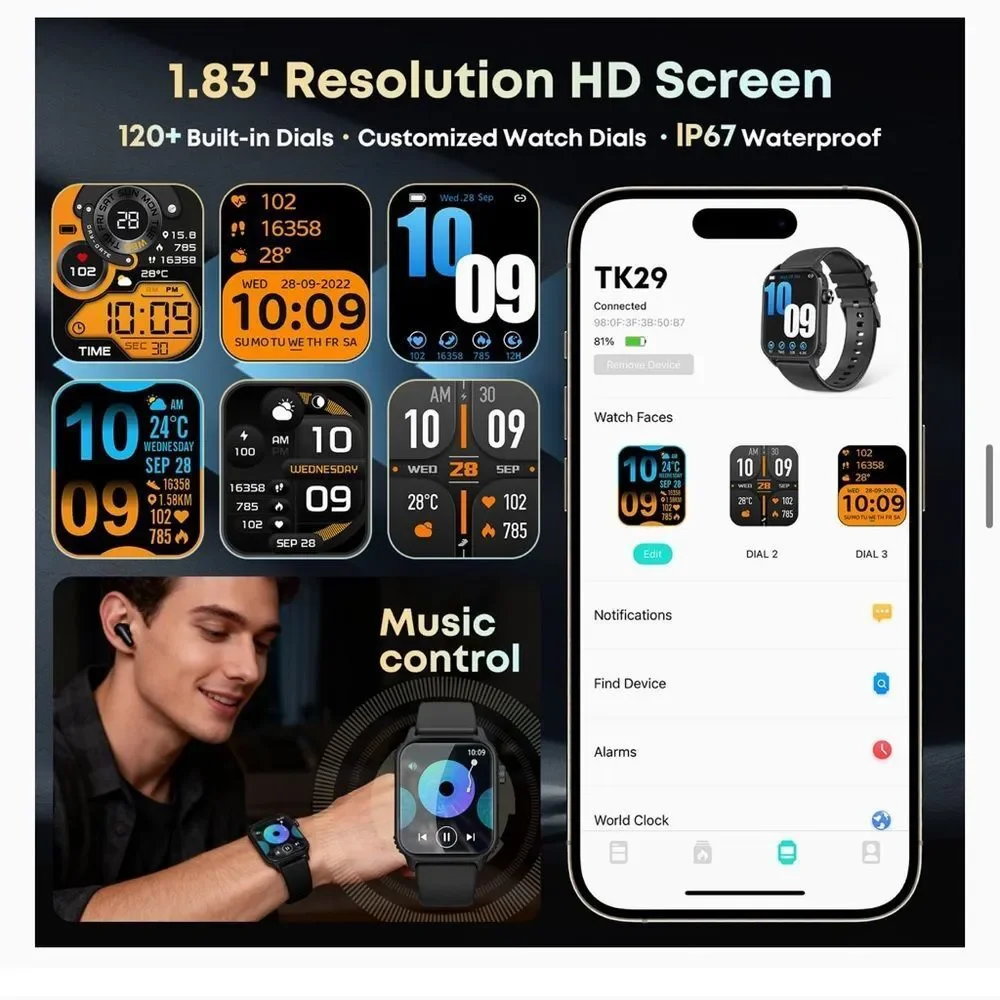 Black Smartwatch with Large HD Display and Bluetooth Calling